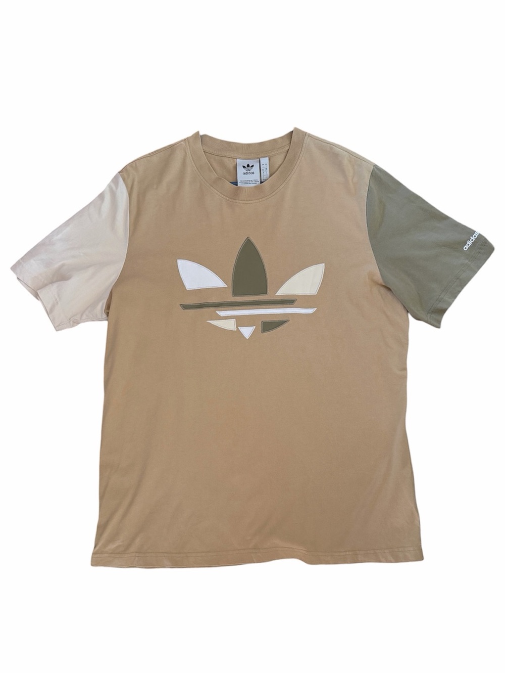 Adidas Men's Trefoil Colorblock Tee in Tan/Olive Logo Patch Short Sleeve T-Shirt
